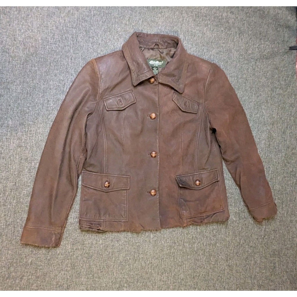 Vintage Eddie Bauer Brown Lamb Leather Jacket Womens XL Wood Button Up Coat Vtg